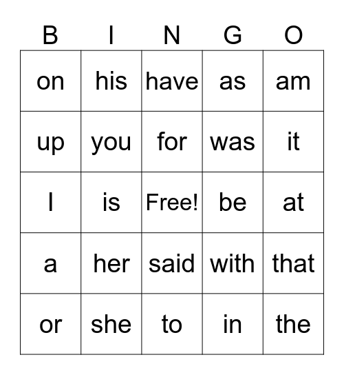 Sight Words Bingo Card