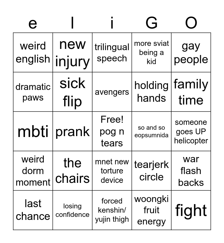 project 7 peisode 5 Bingo Card