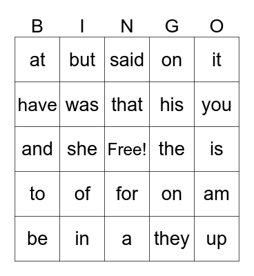 Sight Words bingo Card
