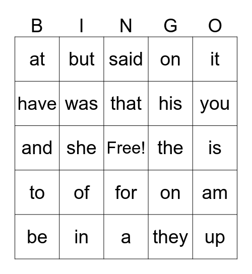 Sight Words bingo Card