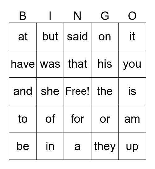 Sight Words bingo Card