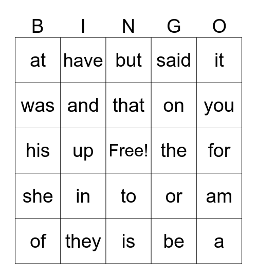 Sight Words bingo Card