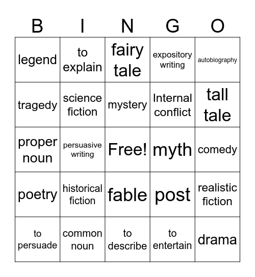 Literary Genres and Author's Purpose Bingo Card