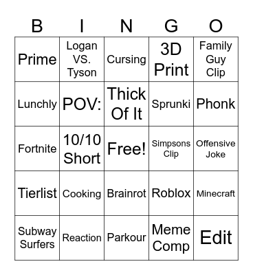 Youtube Shorts Bingo Card