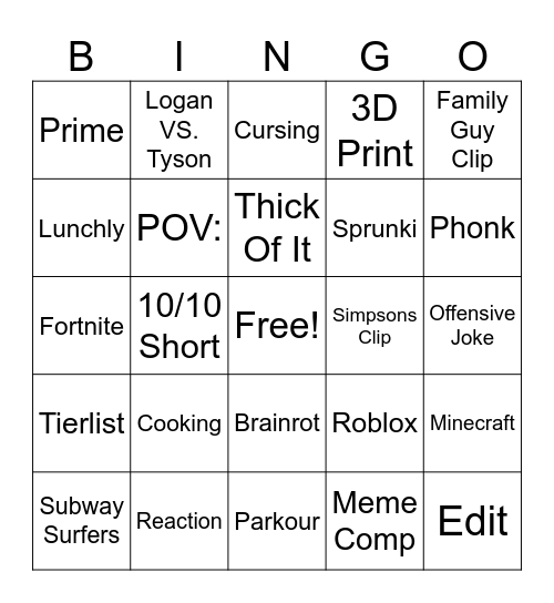 Youtube Shorts Bingo Card
