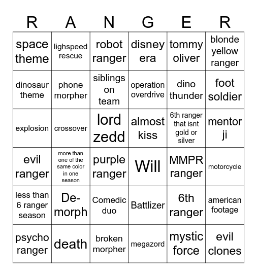 Power rangers bingo Card