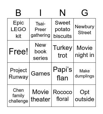 November Family Fun Bingo Card