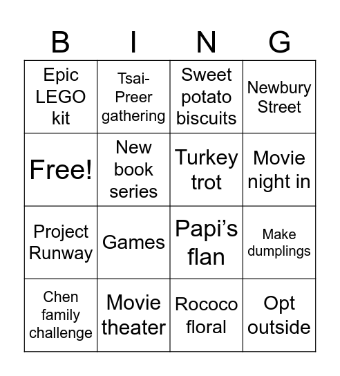 November Family Fun Bingo Card