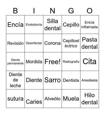 Dental Spanish Bingo Card