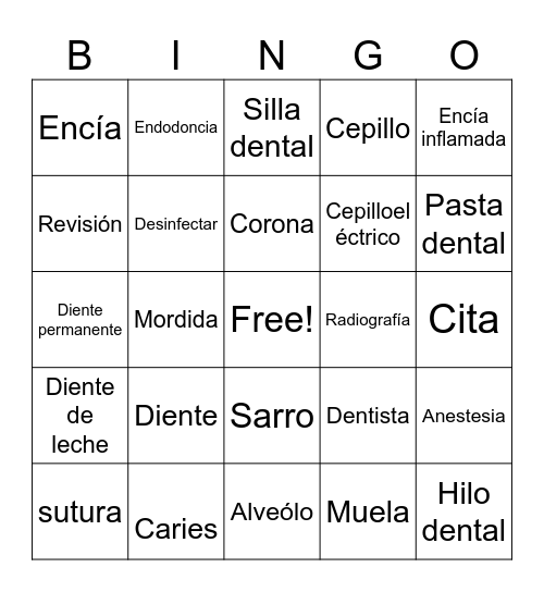 Dental Spanish Bingo Card
