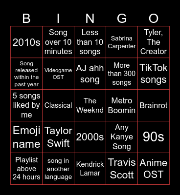 Spotify Playlist Bingo Card