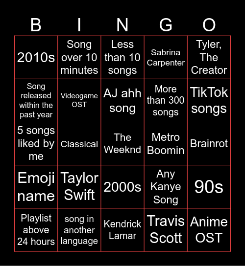 Spotify Playlist Bingo Card