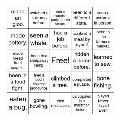 Never have I ever... Bingo Card