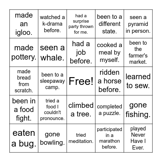 Never have I ever... Bingo Card