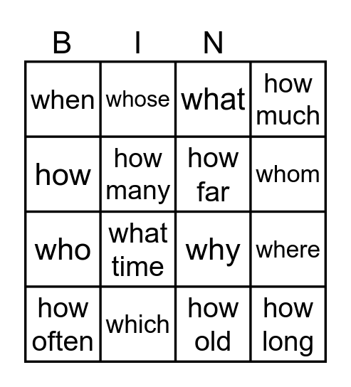 Wh- Questions Bingo Card