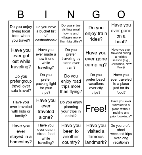 Travel Bingo Card