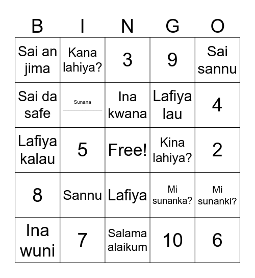 Hausa Greetings and Numbers 1-10 Bingo Card