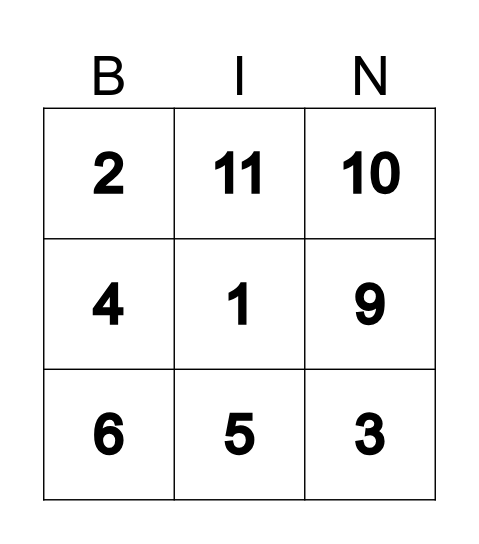 NUMBER BINGO Card