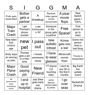 2025 Bingo List Bingo Card