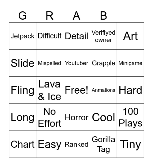 Grab Level Bingo Card