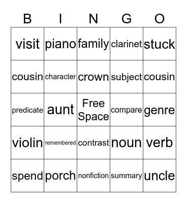 Vocabulary BINGO Card