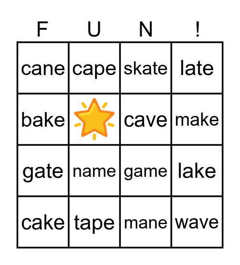 Long Vowel a_e Bingo Card