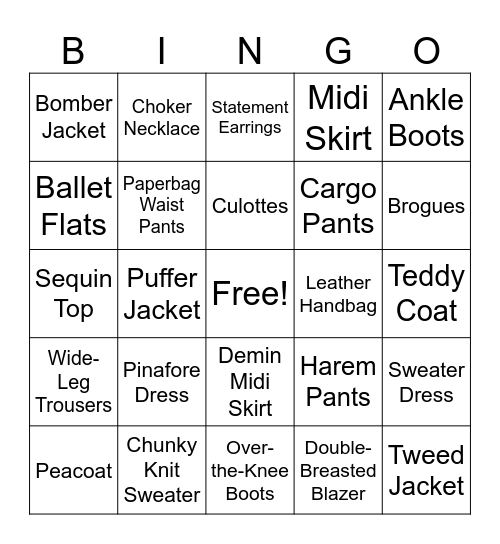 Female Fashion Bingo Card