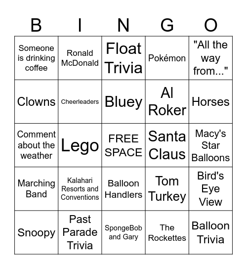 Macy's Thanksgiving Parade BINGO Card