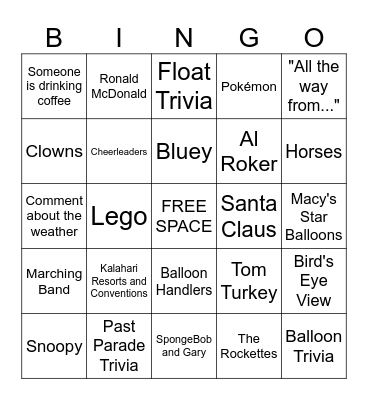 Macy's Thanksgiving Parade BINGO Card