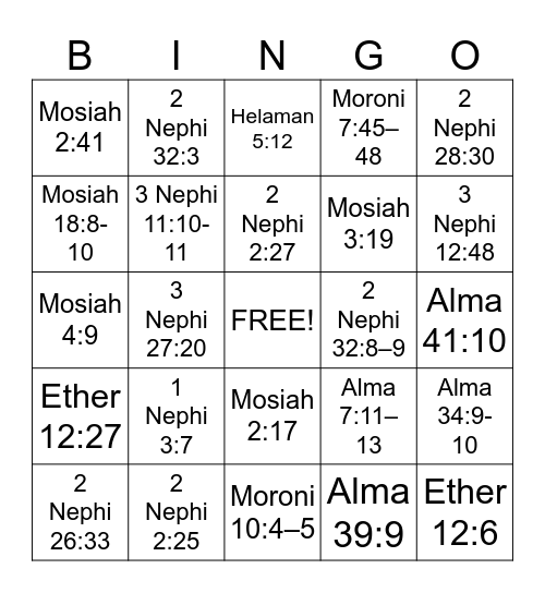 Book of Mormon Doctrinal Mastery Bingo Card