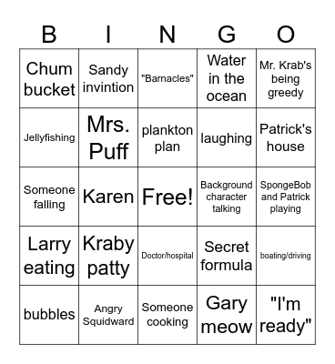 Spongebob bingo Card