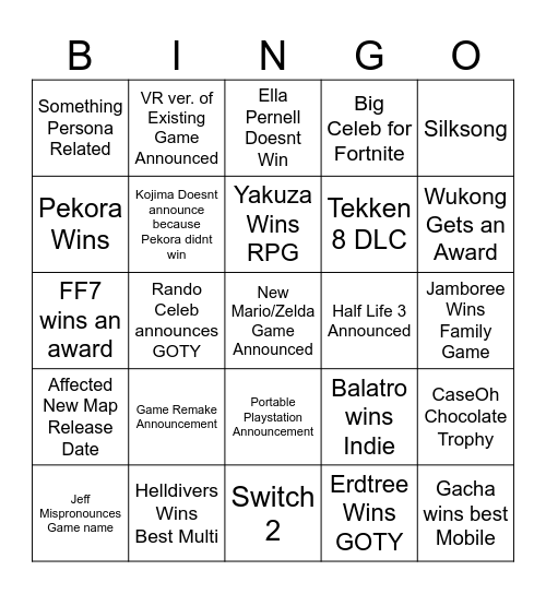 Game Awards Bingo Card