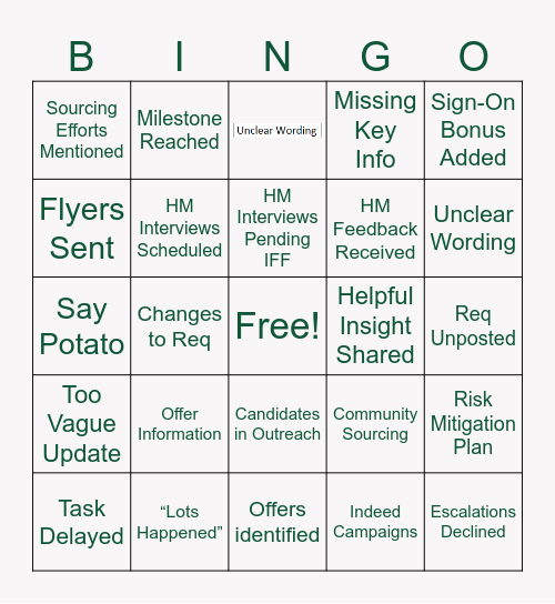WAR Games Bingo Card