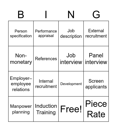 Chapter 9 Human Resources Management Bingo Card