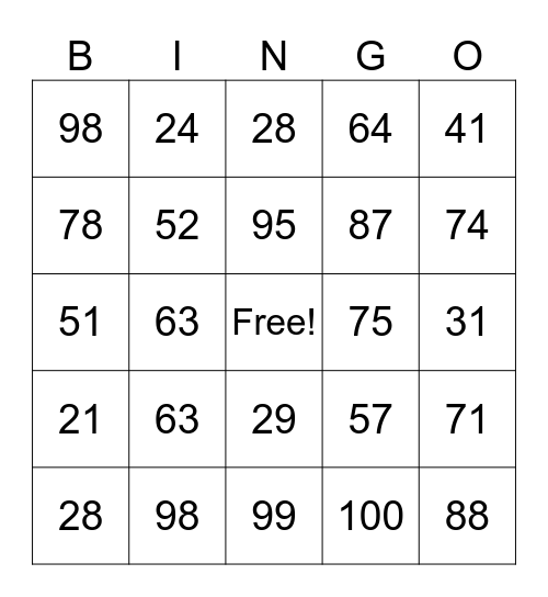 Les chiffres 20 - 100 Bingo Card