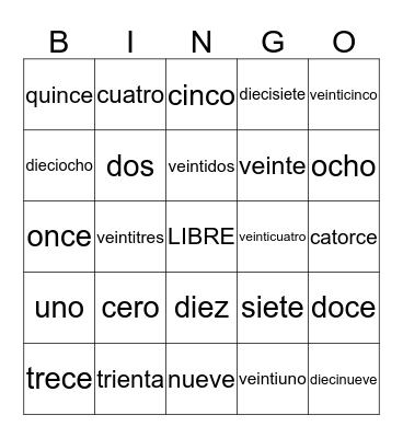 Spanish Numbers BINGO Card