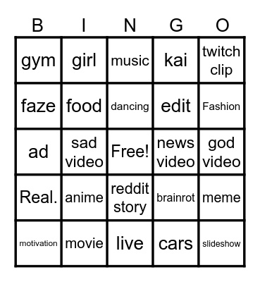 tiktok bingo Card
