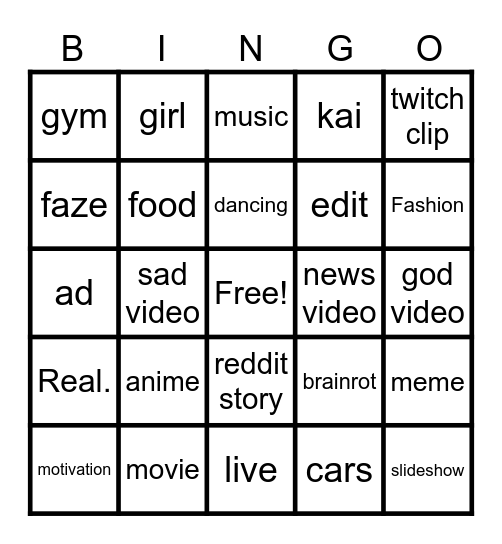 tiktok bingo Card