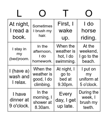 Hobbies, weather & daily routine. Bingo Card