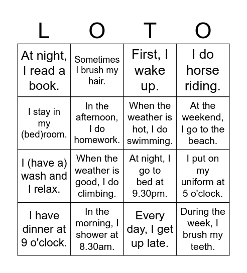 Hobbies, weather & daily routine. Bingo Card