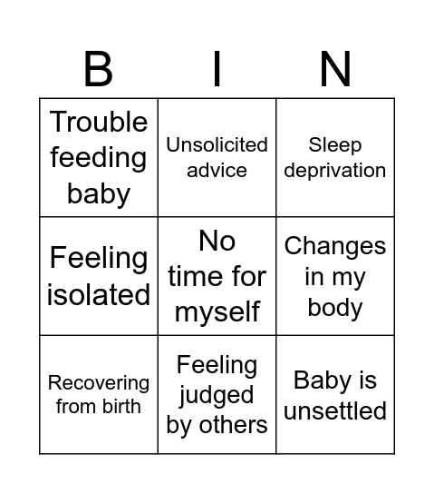 What’s have you found hard about motherhood Bingo Card