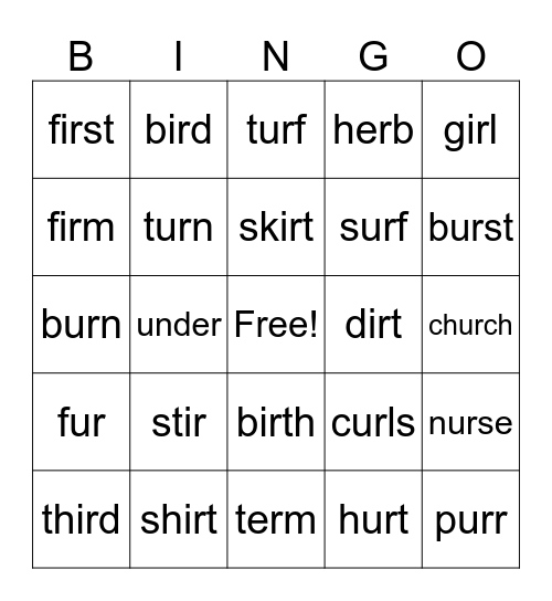 er  ir  ur Bingo Card