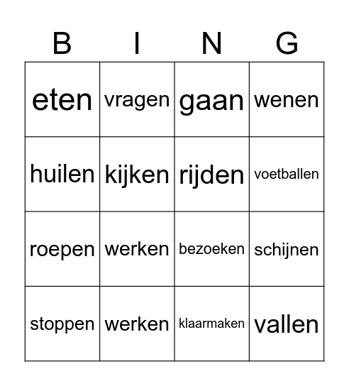 werkwoorden Bingo Card