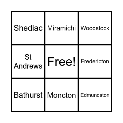 New Brunswick Cities Bingo Card