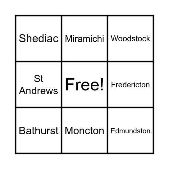 New Brunswick Cities Bingo Card