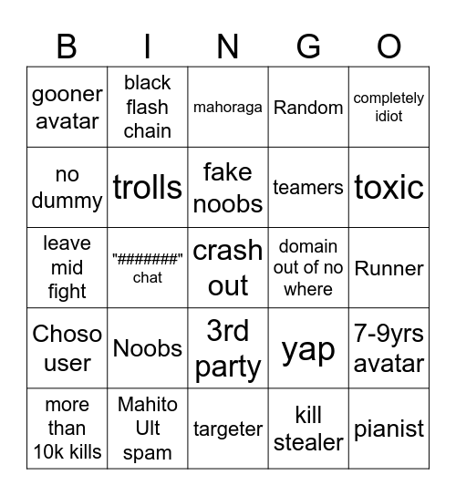 Roblox jujutsu shenanigangs Bingo Card