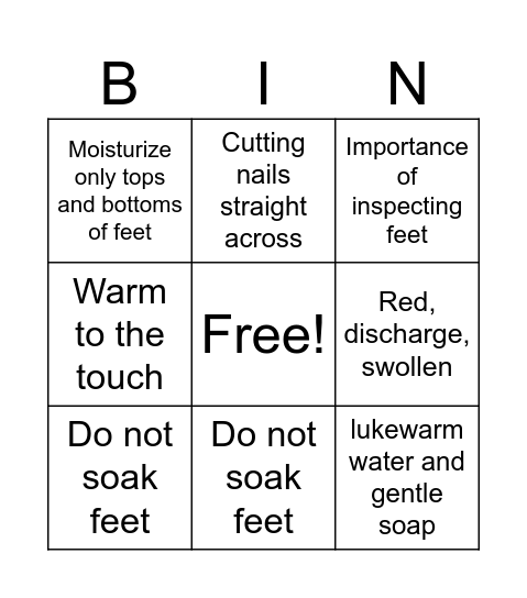 Diabetic Foot Care BINGO Card