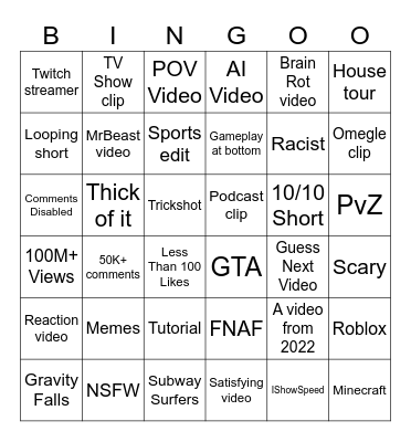 Youtube Shorts Bingo Card