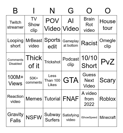 Youtube Shorts Bingo Card