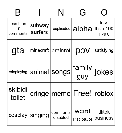 youtube shorts bingo Card